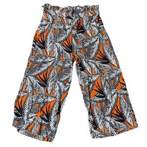Wide Leg Cropped Pull On Pants Tropical Leaf Print Resort Lounge Vacation Flowy